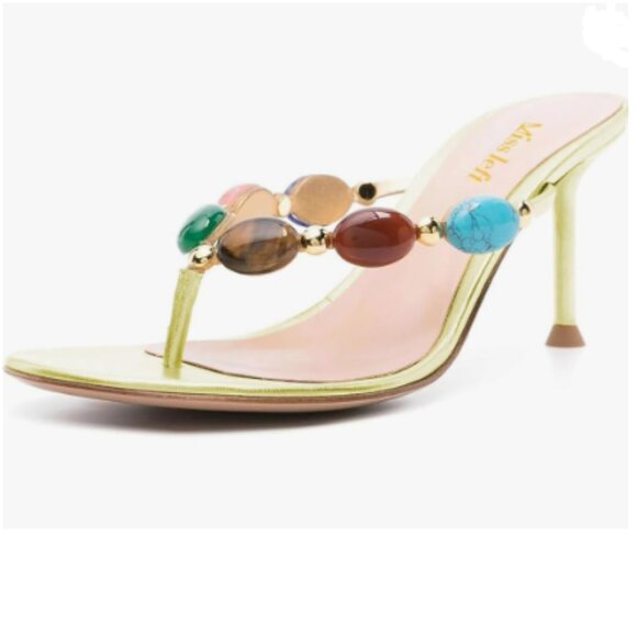 miss left Yellow Jewelled Open Toe Flip Flops Sexy Thin High Heel Slip on Sandal - Picture 1 of 8